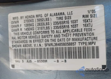 2005 Honda Odyssey Ex z USA, uszkodzony, nr VIN 5FNRL38485B058857